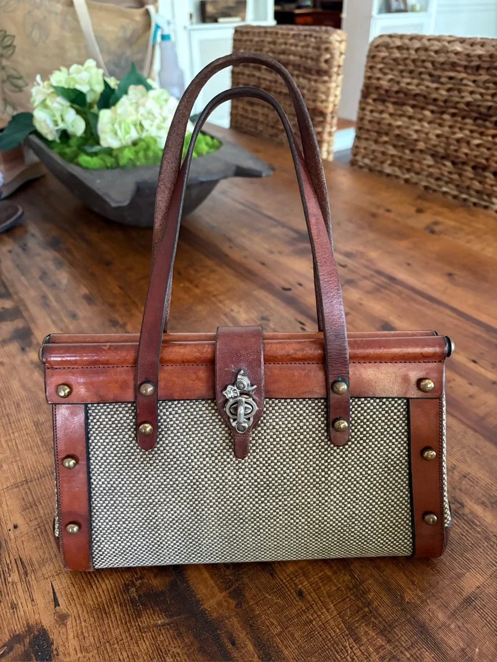 VTG 1969 John Romain Tweed Leather Satchel Tote Bag Casual Corner Clasp Academia